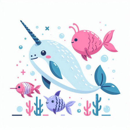 Cute cartoon narwhal, fish and seaweed. Vector illustration.のイラスト素材