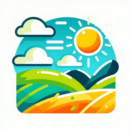 Vector illustration of summer landscape with sun and clouds on white background.のイラスト素材