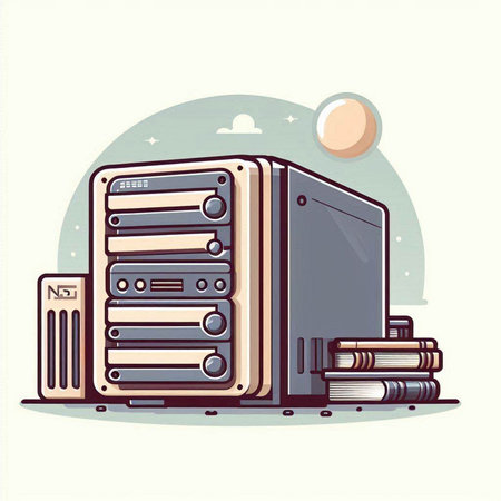 Vector illustration of a computer server with books and a sun in the backgroundのイラスト素材