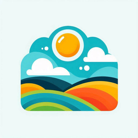 Illustration of Colorful Landscape with Sun and Clouds - Vectorのイラスト素材