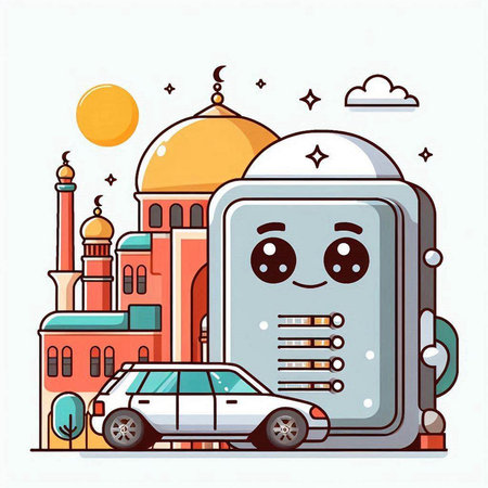 Smart safe with car and mosque in the background. Vector illustration.のイラスト素材