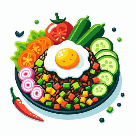 Vegetable salad with fried egg on plate. Vector illustration.のイラスト素材