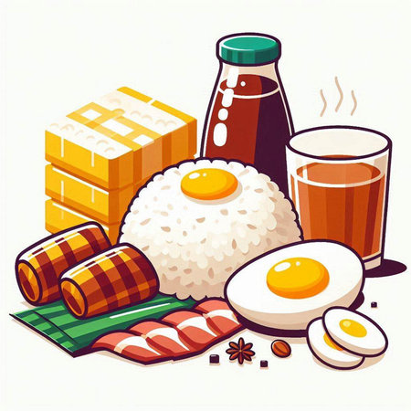 Illustration of a Japanese food set with rice, egg, soy sauce and sushiのイラスト素材