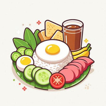 Illustration of a healthy breakfast with rice and fried egg. Vector illustration.のイラスト素材