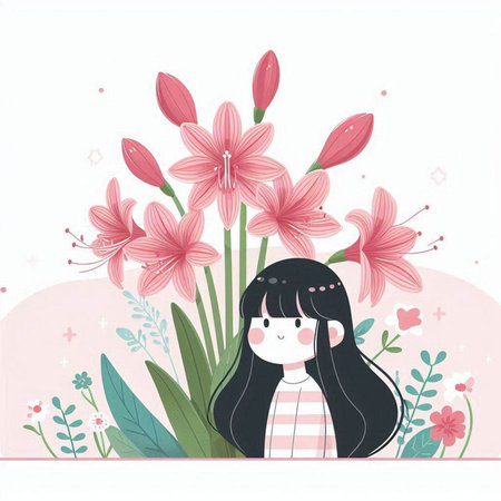 cute girl with lily flowers, floral background. vector illustrationのイラスト素材