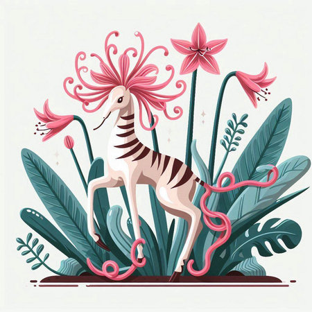 Vector illustration of a zebra in the jungle with pink flowers.のイラスト素材