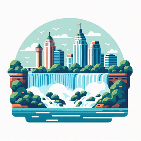 Waterfall in the city. Vector illustration in flat design style.のイラスト素材