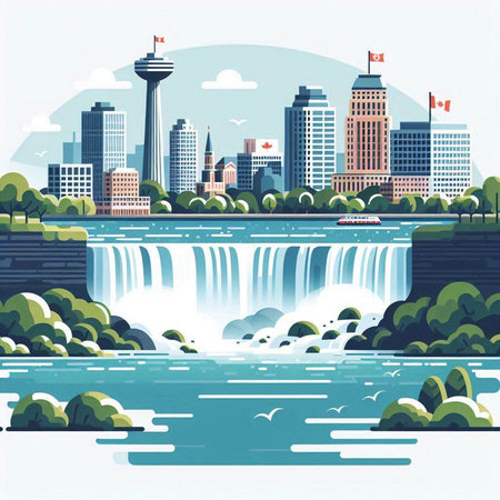 Vector illustration of a city landscape with a river and a waterfall.のイラスト素材