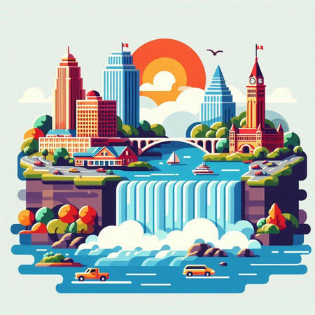 City landscape with buildings and river. Vector illustration in flat style.のイラスト素材