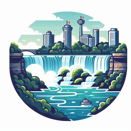 Waterfall in the city. Vector illustration in a flat style.のイラスト素材