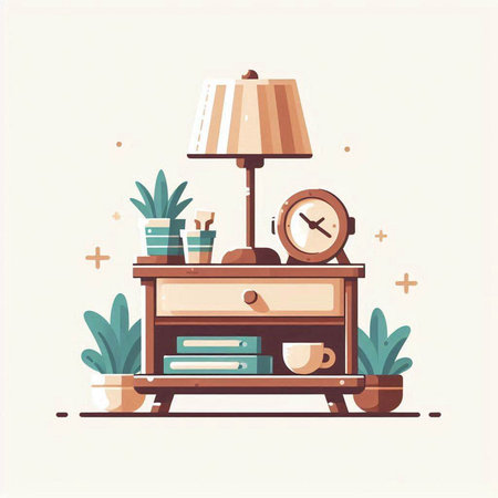 Bedside table with lamp and books. Flat style vector illustration.のイラスト素材
