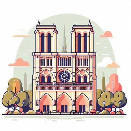 Church of Notre Dame de Paris. Vector illustration in flat style.のイラスト素材