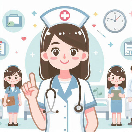 Nurse and medical staff on white background. Vector illustration in cartoon style.のイラスト素材