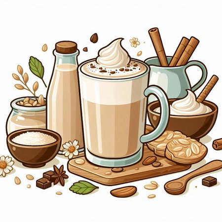 Illustration of a cup of coffee with whipped cream, cinnamon, brown sugar and cookiesのイラスト素材