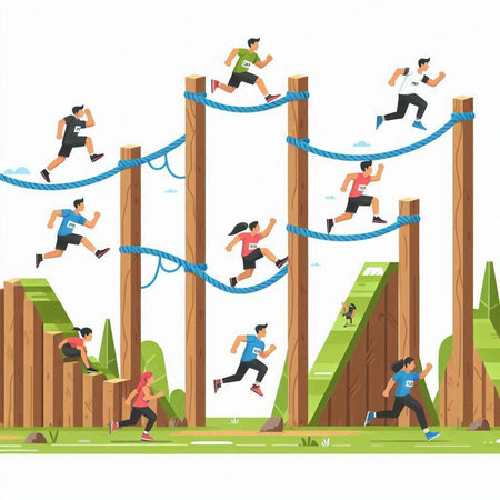 Vector illustration of people running on obstacle course. Flat style design.のイラスト素材
