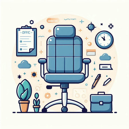 Office chair with office supplies. Vector illustration in flat linear style.のイラスト素材