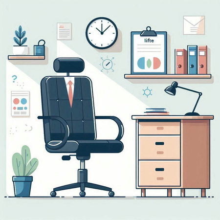 Office workplace. Workplace with chair and table. Flat design vector illustration.のイラスト素材
