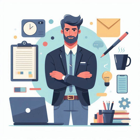 Businessman in office. Vector illustration in flat style. Office worker.のイラスト素材
