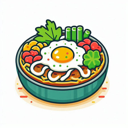 Japanese food vector illustration. Noodles in a bowl with fried eggのイラスト素材