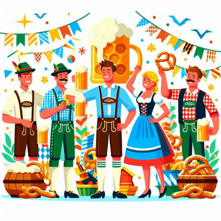 Oktoberfest people in traditional Bavarian clothes with beer and pretzel vector illustrationのイラスト素材