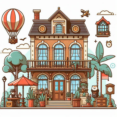 Vector illustration of a beautiful old house on the street. Cartoon style.のイラスト素材
