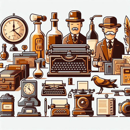 Retro style seamless pattern with old typewriter, telephone, clock and other objectsのイラスト素材