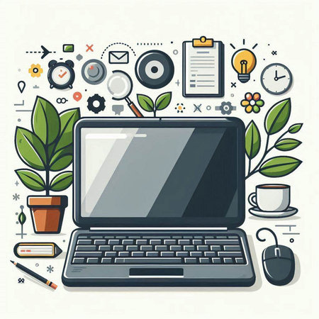 Flat design modern vector illustration concept of creative workspace. Laptop with stationery and icons.のイラスト素材