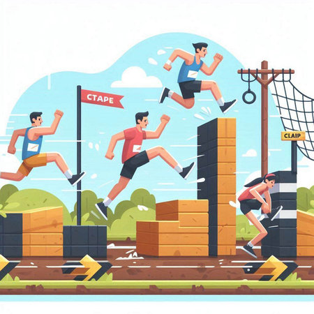 Vector illustration of running competition. Cartoon people in sportswear jumping over obstacles.のイラスト素材