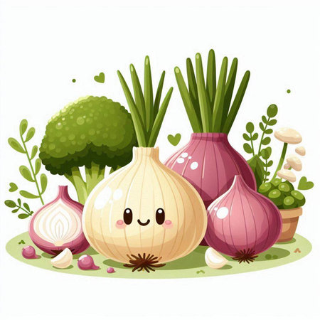 Illustration of a Cute Garlic with Vegetables and Mushroomsのイラスト素材