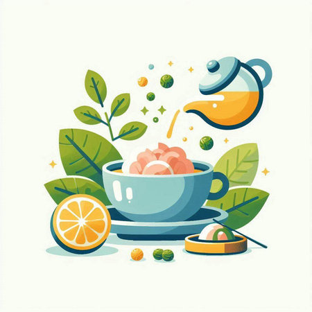 Cup of tea with lemon and mint. Flat style vector illustration.のイラスト素材