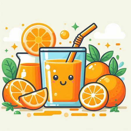 Cute cartoon orange juice and oranges. Vector illustration in flat styleのイラスト素材