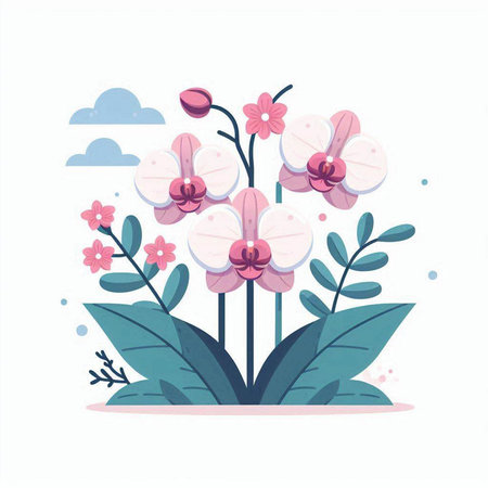 Beautiful orchid flowers with leaves. Vector illustration in cartoon style.のイラスト素材