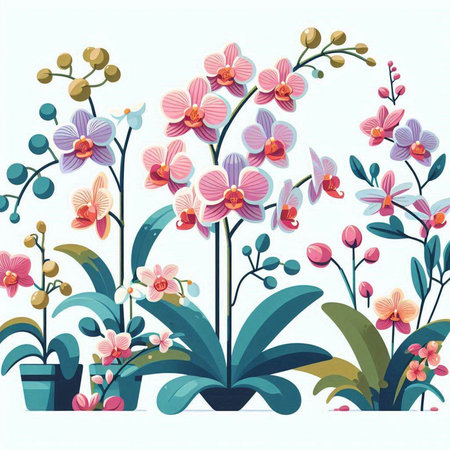 Seamless background with orchids and leaves. Vector illustration.のイラスト素材