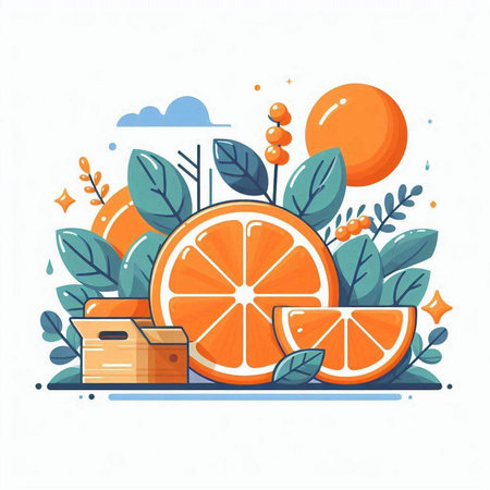 Orange fruit with leaves and wooden box. Vector illustration in flat styleのイラスト素材