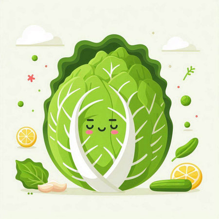 Cute cartoon chinese cabbage. Vector illustration. Vegetarian food.のイラスト素材