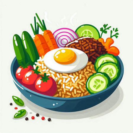 Illustration of a bowl of rice with fried egg and fresh vegetablesのイラスト素材