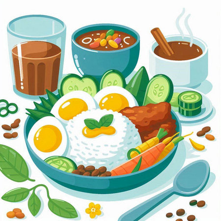 Vector illustration of breakfast set with rice, eggs, carrot, cucumber, beans and coffeeのイラスト素材