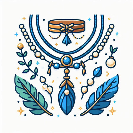 Necklace with feathers and beads. Vector illustration in line art style.のイラスト素材
