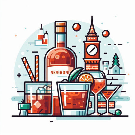 Alcohol drinks and cocktails. Vector illustration in flat linear style.のイラスト素材