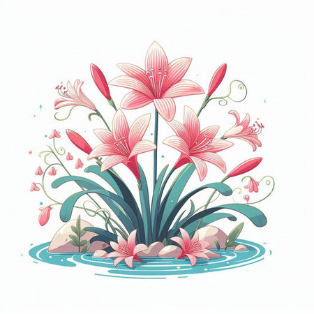Flower garden with lily flowers on white background. Vector illustration.のイラスト素材