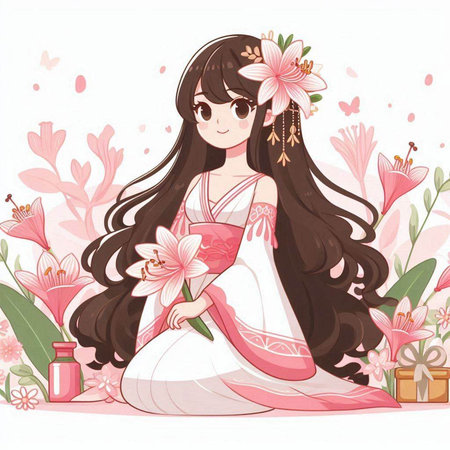 Cute cartoon girl with long hair and pink flowers. Vector illustration.のイラスト素材