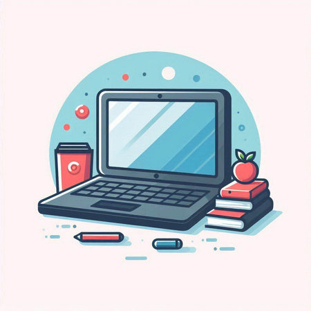Laptop, books, coffee cup and apple. Vector illustration.のイラスト素材