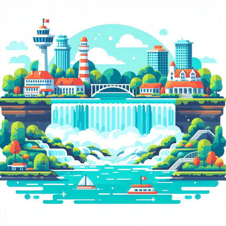 Landscape with waterfalls and city buildings. Vector illustration in a flat style.のイラスト素材