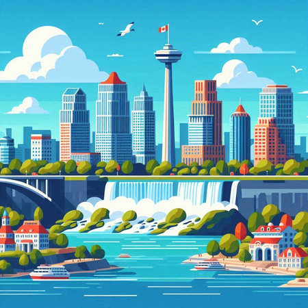 Waterfall in city. Waterfall on the river. Vector illustrationのイラスト素材