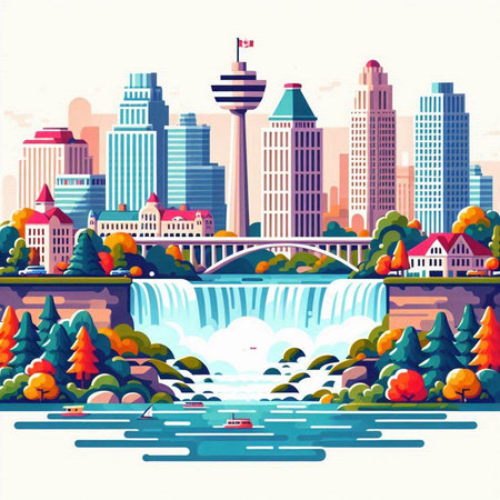 Autumn cityscape with river and buildings. Flat style vector illustration.のイラスト素材