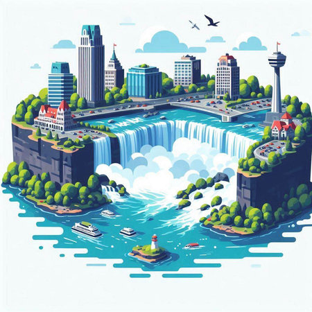 Waterfall in the city. Isometric view. Vector illustration.のイラスト素材