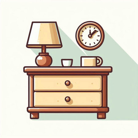Bedside table with lamp, coffee cup and clock. Vector illustrationのイラスト素材