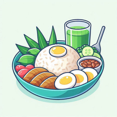 Illustration of a bowl of japanese food with rice and vegetablesのイラスト素材