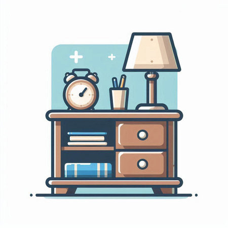 Bedside table with lamp, books and alarm clock. Vector illustration.のイラスト素材