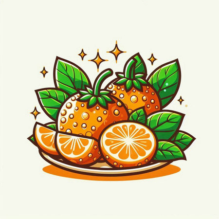 Tangerine with leaves on a plate. Vector illustration in cartoon style.のイラスト素材